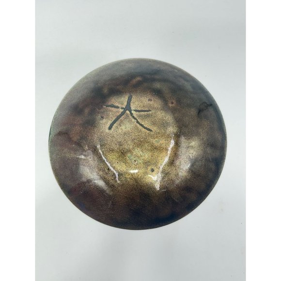 Enamel Over Copper Mid Century Signed Plate Blue Red Gold Round Dish Abstract - Picture 8 of 10